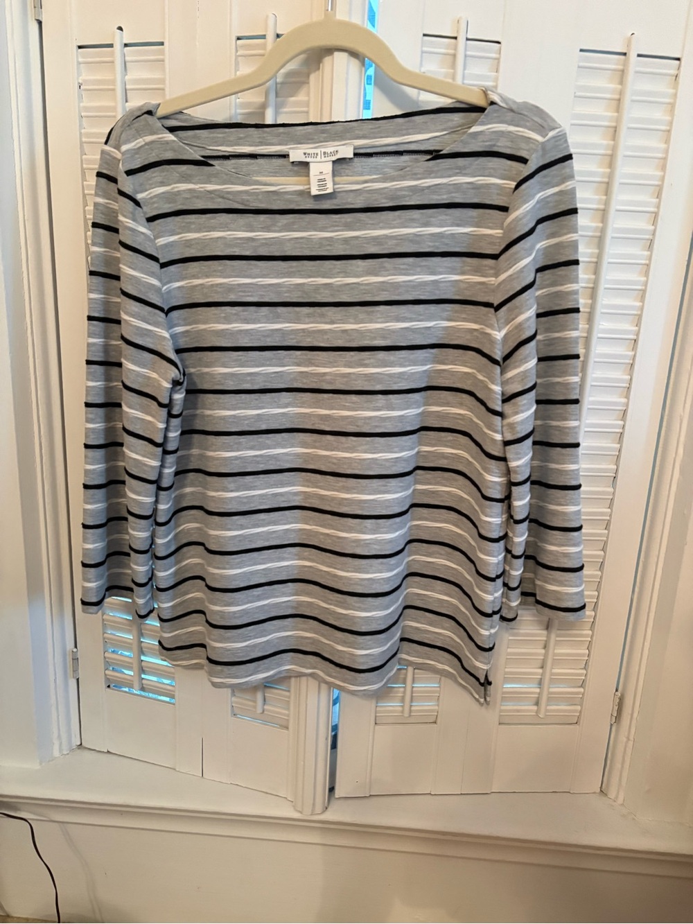 White House Black Market Gray and Black Striped Long Sleeve Top